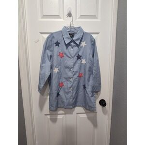 Jeevan Life Wear Sz Large Patriotic Blue Striped 3/4 Sleeve Shirt 100% Cotton‎